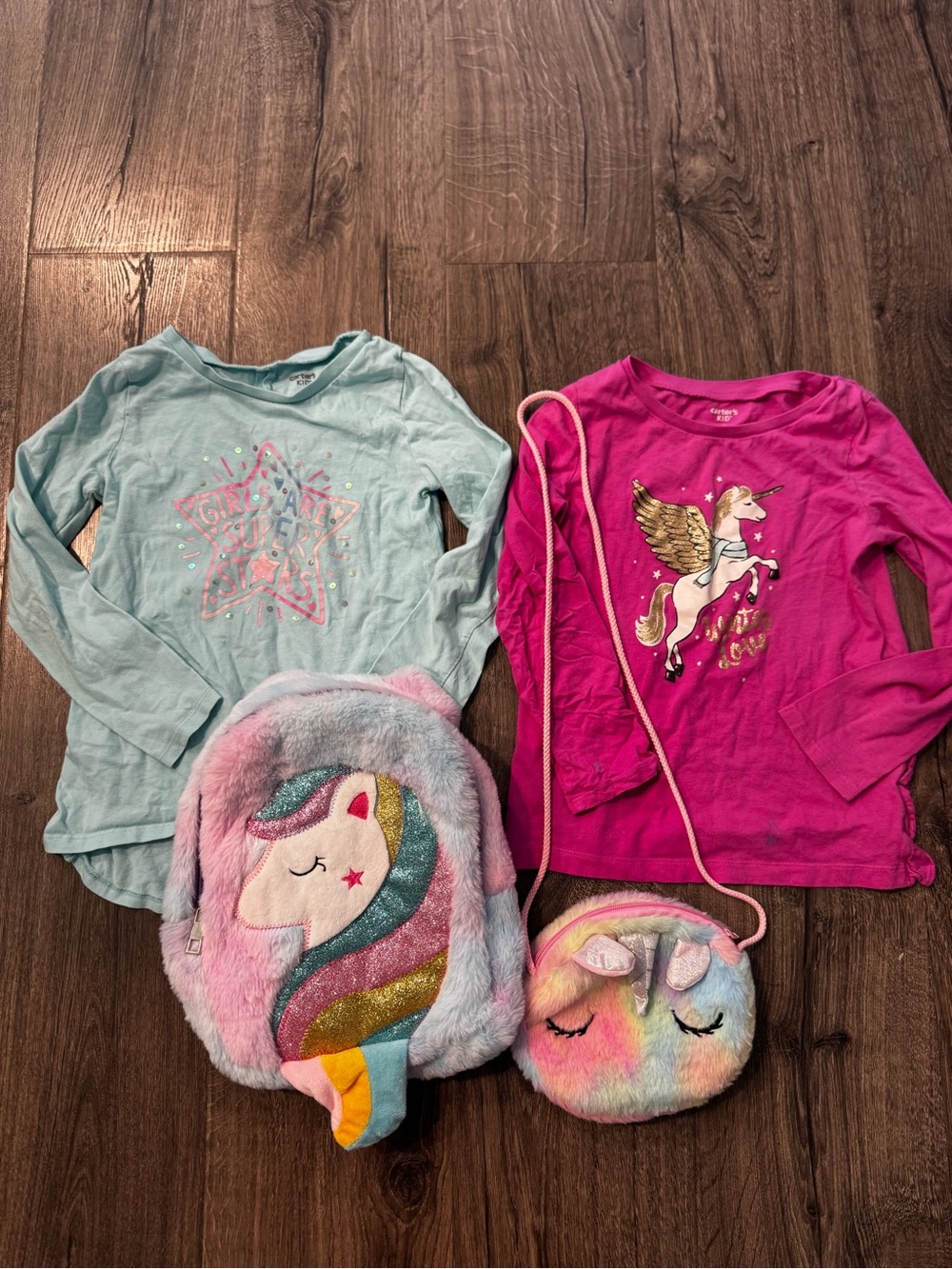 Unicorn Girls Long Sleeve Tops Plush Unicorn Backpack and unicorn purse